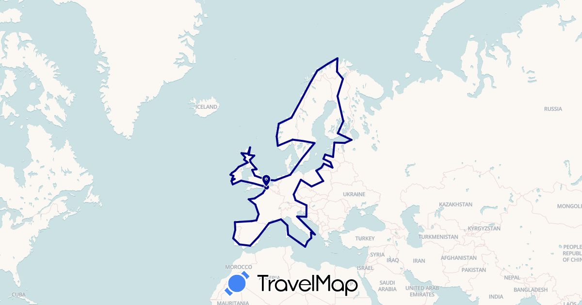 TravelMap itinerary: driving in Austria, Germany, Estonia, Spain, Finland, France, United Kingdom, Croatia, Ireland, Italy, Lithuania, Latvia, Netherlands, Norway, Poland, Portugal, Russia, Sweden (Europe)